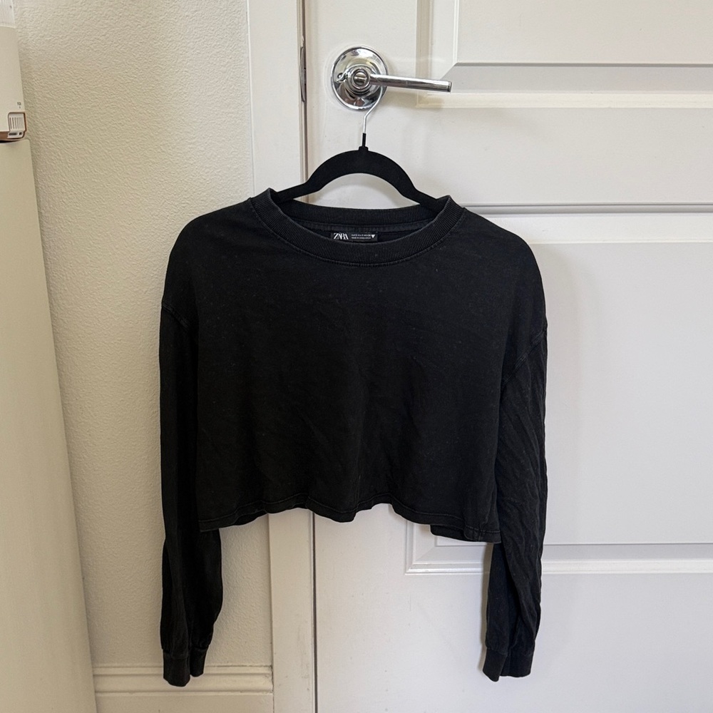 Zara Black Washed Long Sleeve Crop Top